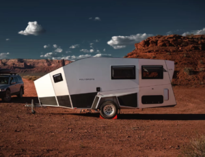 4-person blade-like camper adds aero work on its journey off grid